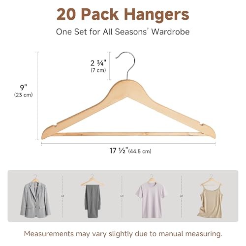 Wooden Hangers 20 Pack, Wood Coat Hangers 0.5″T (20 pack) Natural Wood Color