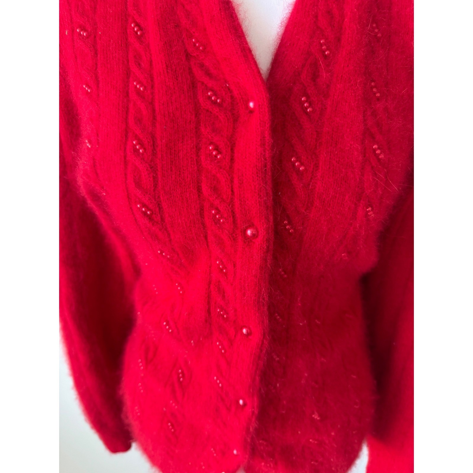Vintage Red Angora Lambswool Blend Beaded Cardigan Sweater Fuzzy Coquette Large