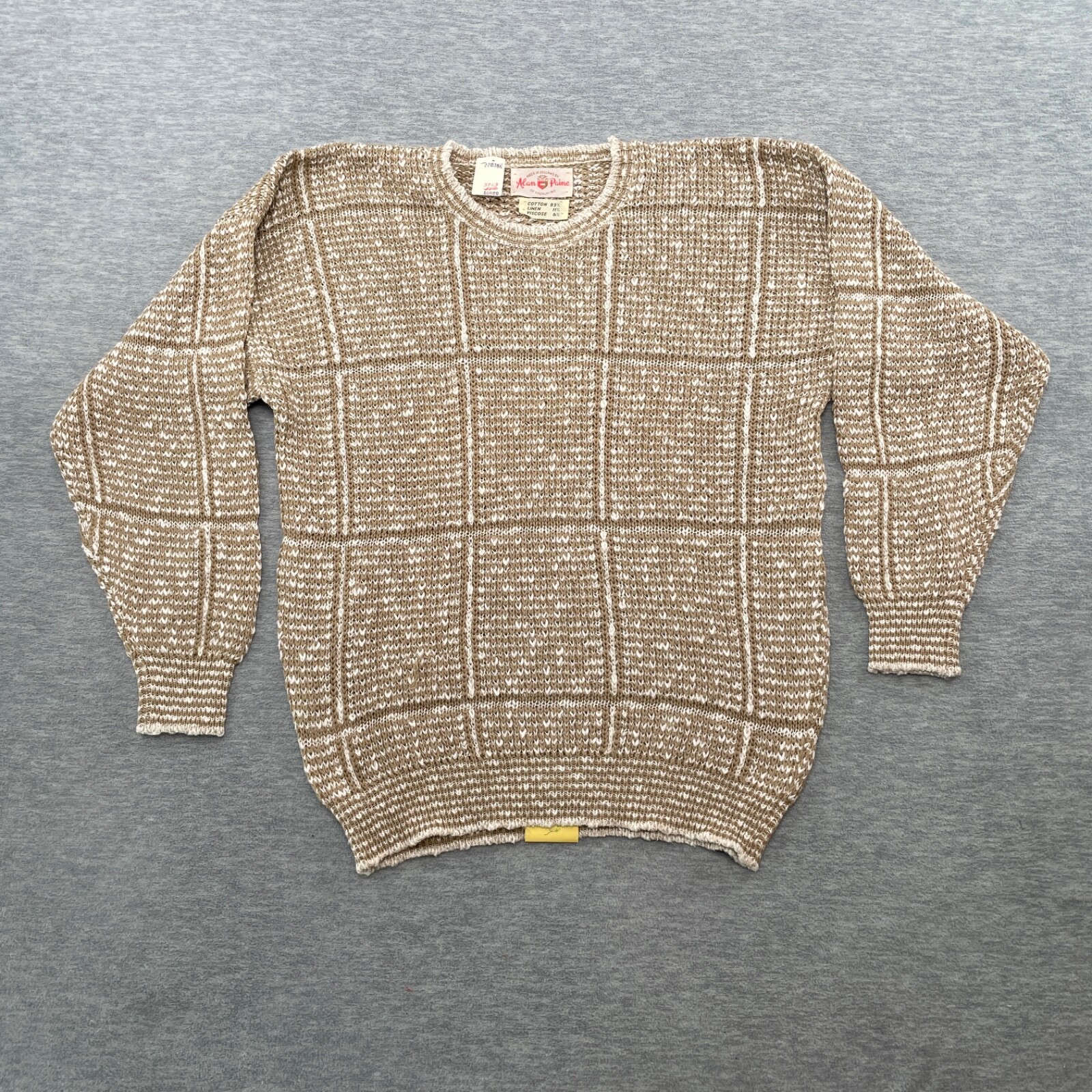 VTG Alan Paine Sweater Women 36 Brown 80s Windowpane Plaid Cotton Linen Blend