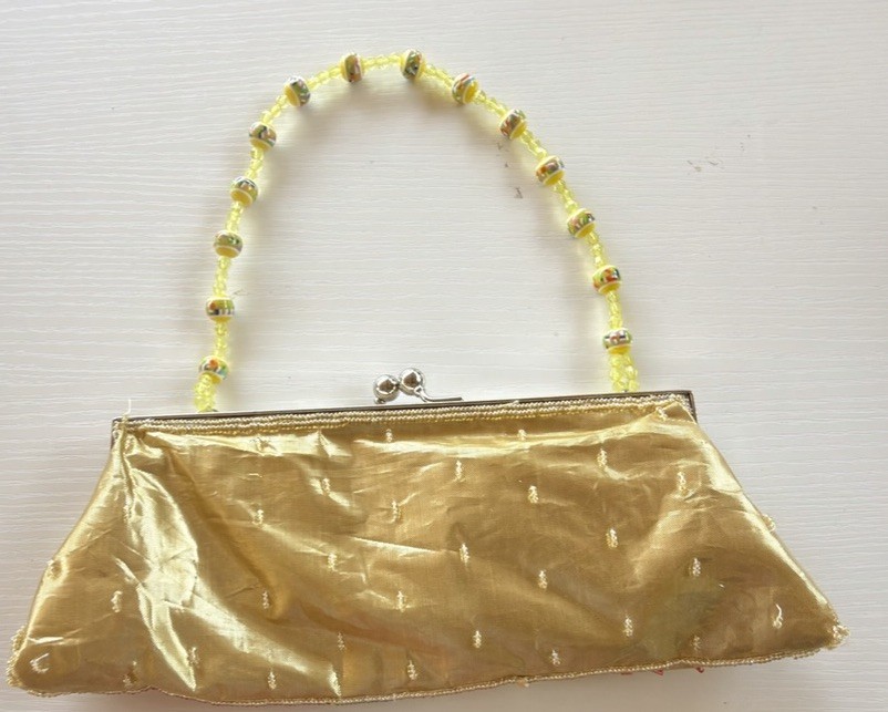Vintage Beaded Floral Sequin Clutch Evening Bag Gold Handbag Kiss Lock Strap