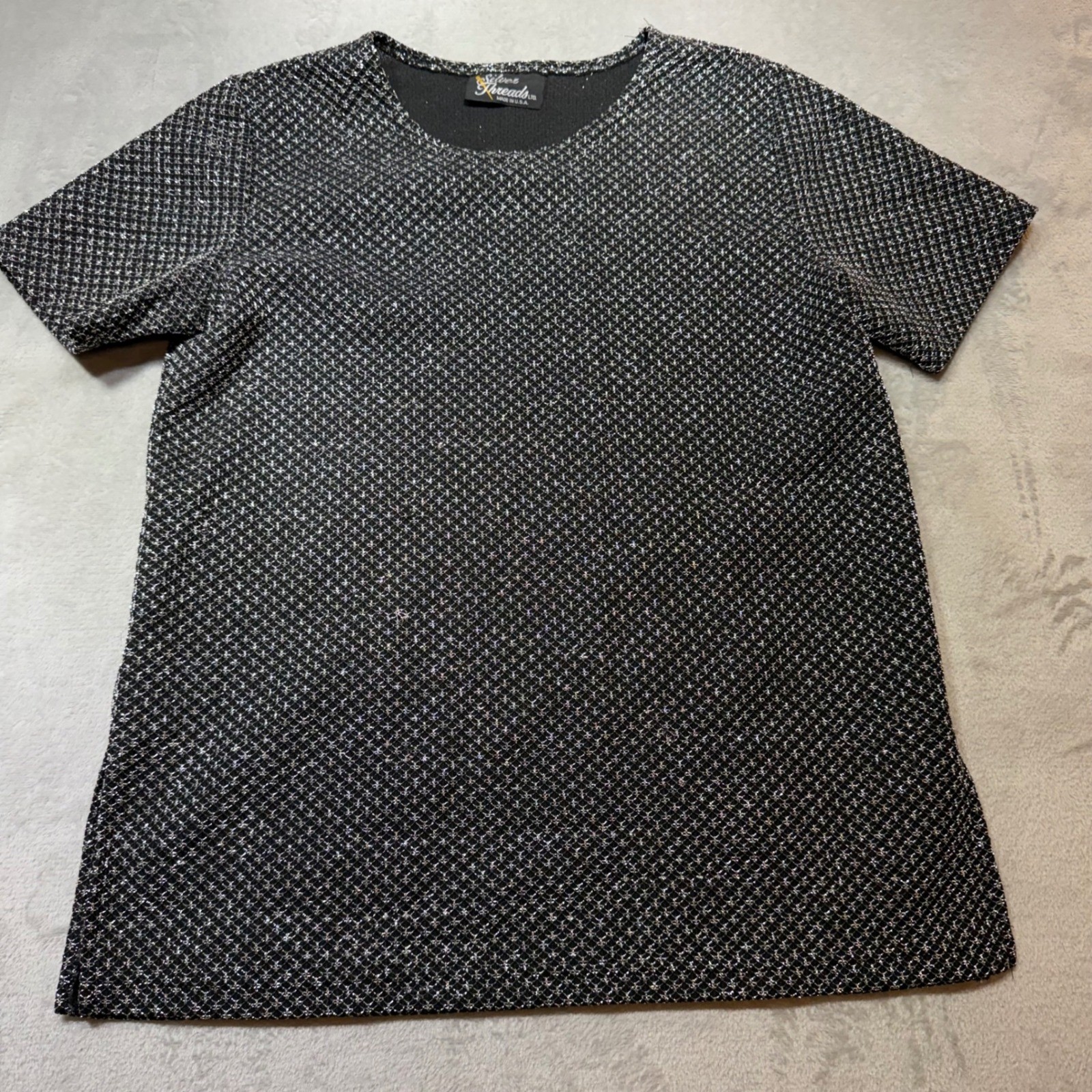 Vintage Silver Metallic Black Lurex Top Short Sleeve Side Slit 90s Disco M