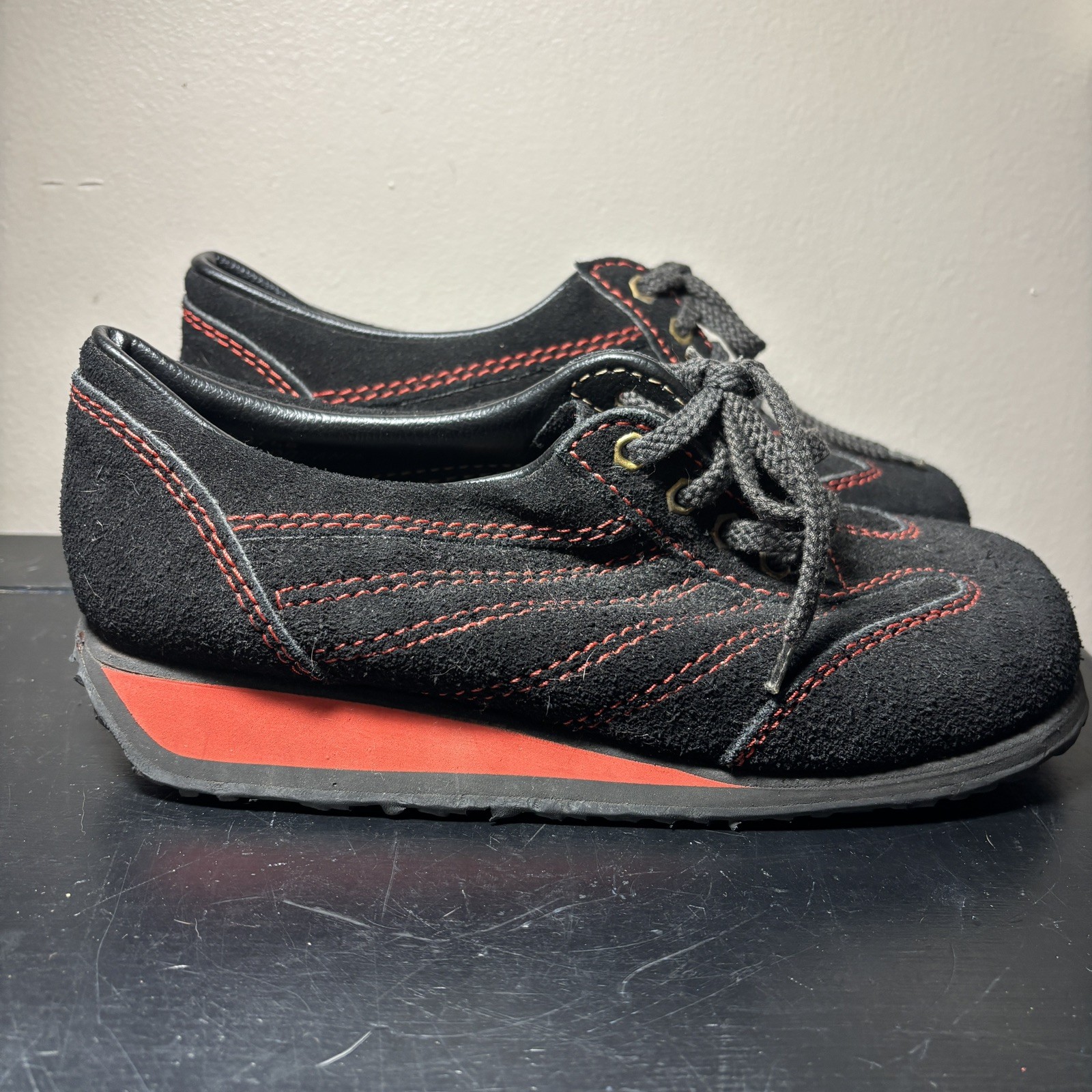 Vtg 70’s Kinney Shoes Sz 7 1/2 Suede Black Red Colorway Sneakers Romania