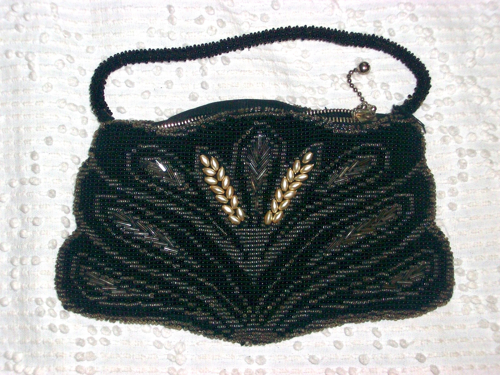 Vintage Small Black Gray Pearl Beaded Evening Purse Rayon Lined Czechoslovakia