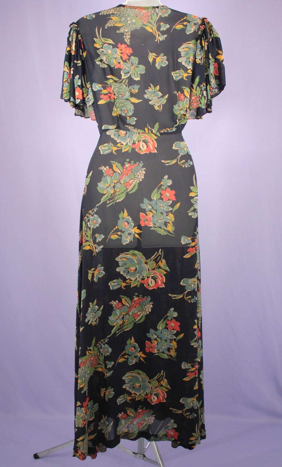 VTG Women’s 30s 40s Navy Floral Drape Front Sheer Maxi Dress / Robe XS/S 1930s