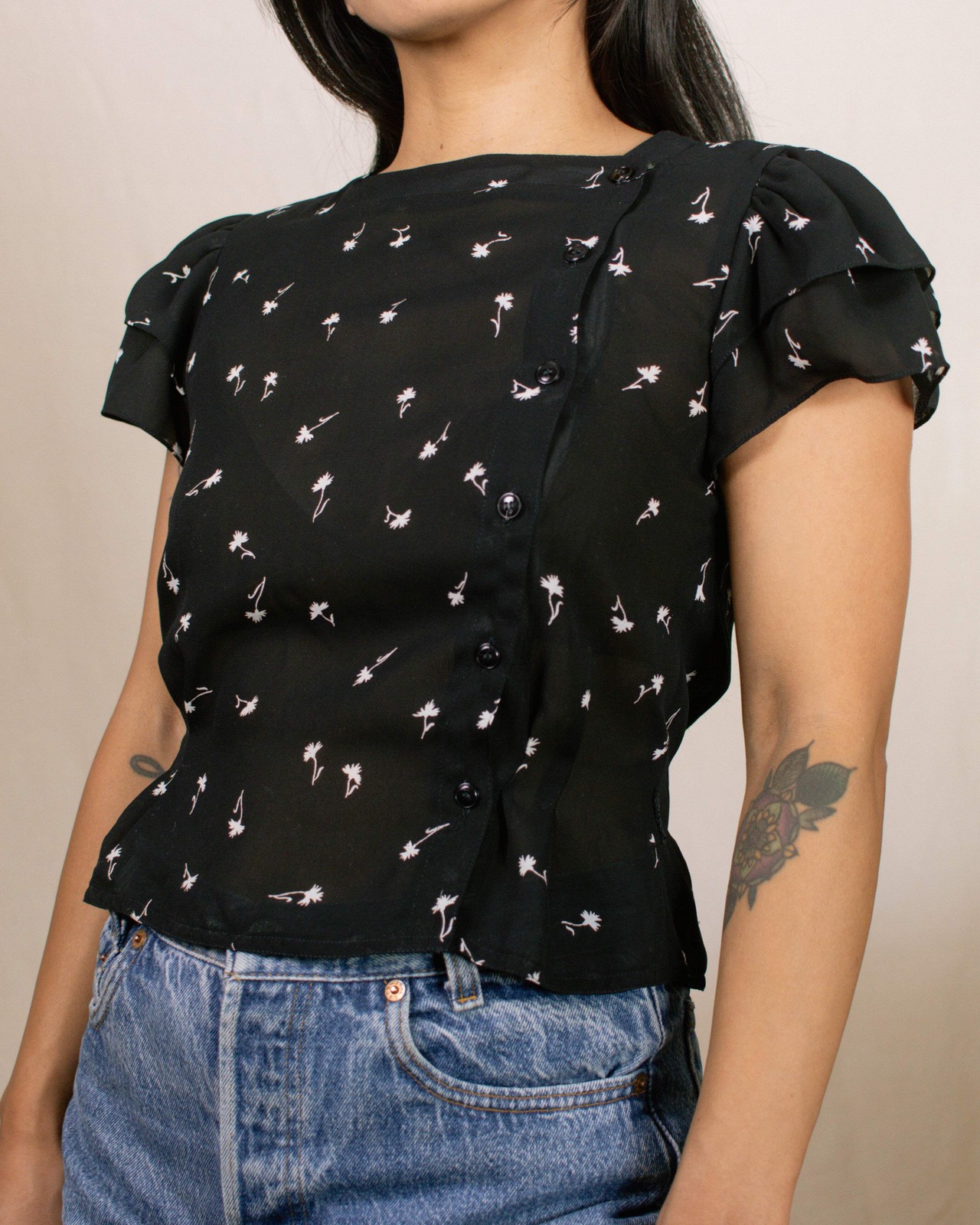 Vintage 70s Black Floral Button Down Blouse | Size XS-S