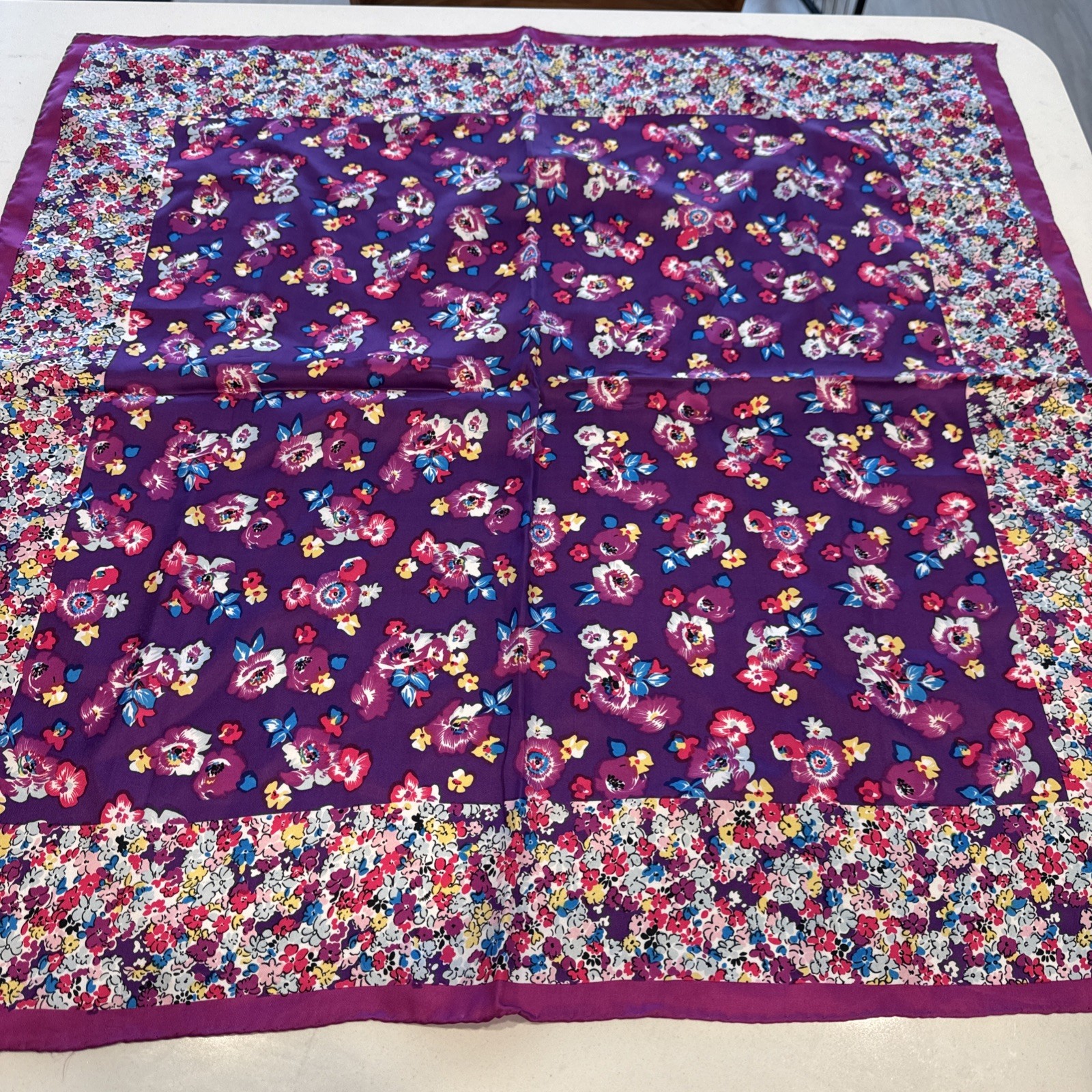 VTG Purple Floral Scarf 31×31″ Hand Rolled Edge Synthetic 1980s Purse Bag Wrap