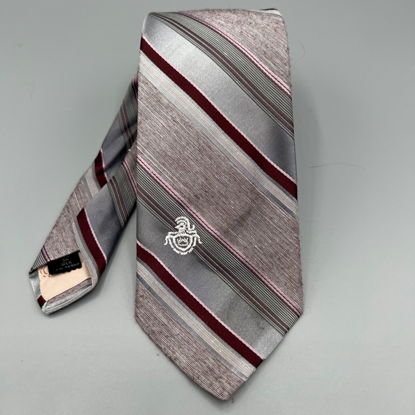 Vintage 1970s “Via Re” Men’s Embroidered Crest Regimental Striped Silver Tie