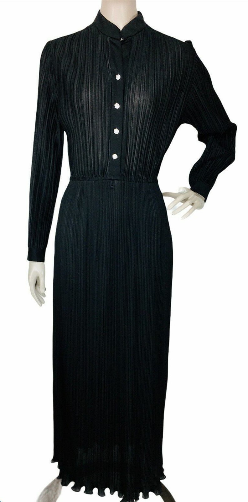 Vintage 70s Hal Ferman Black Accordion Pleat Gothic Witchycore Hostess Dress S/M