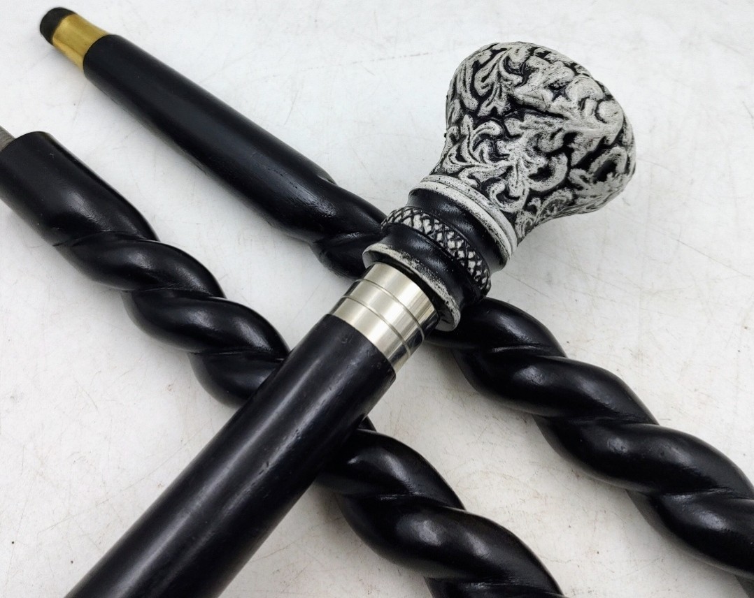 Victorian Wooden Walking Cane Silver Royal Handle 3-Piece Folding Stick Vintage
