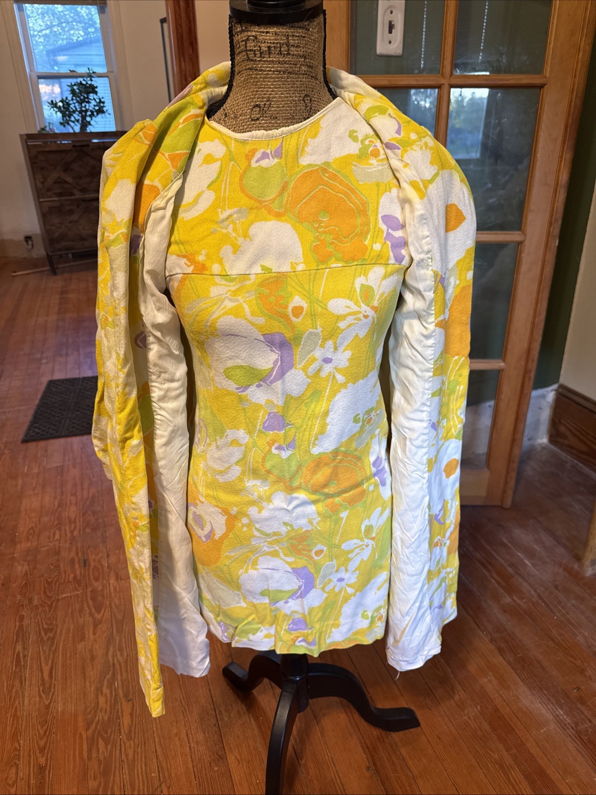 Vintage 1960s Yellow Floral Mini Dress With Over Coat Jacket