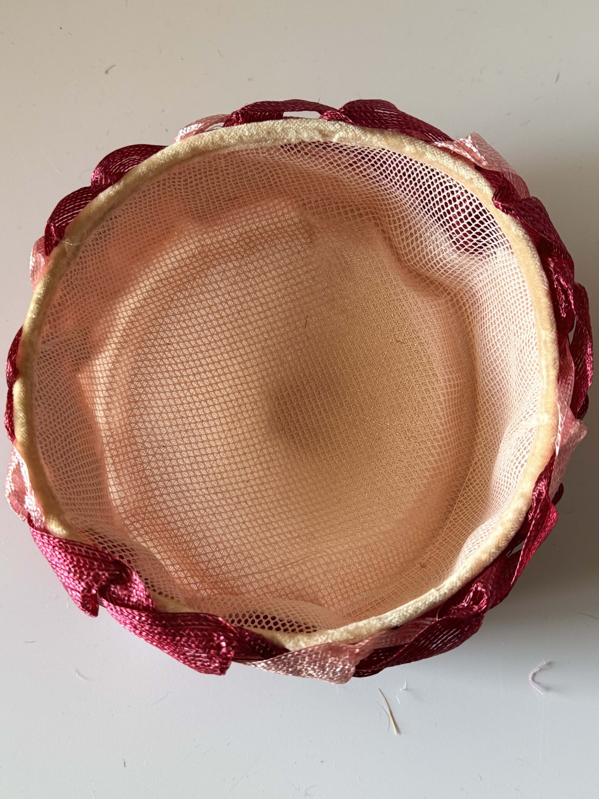 Vintage Burgundy & Blush Pink Woven Ribbon Pillbox Hat | 1960s Sculptural