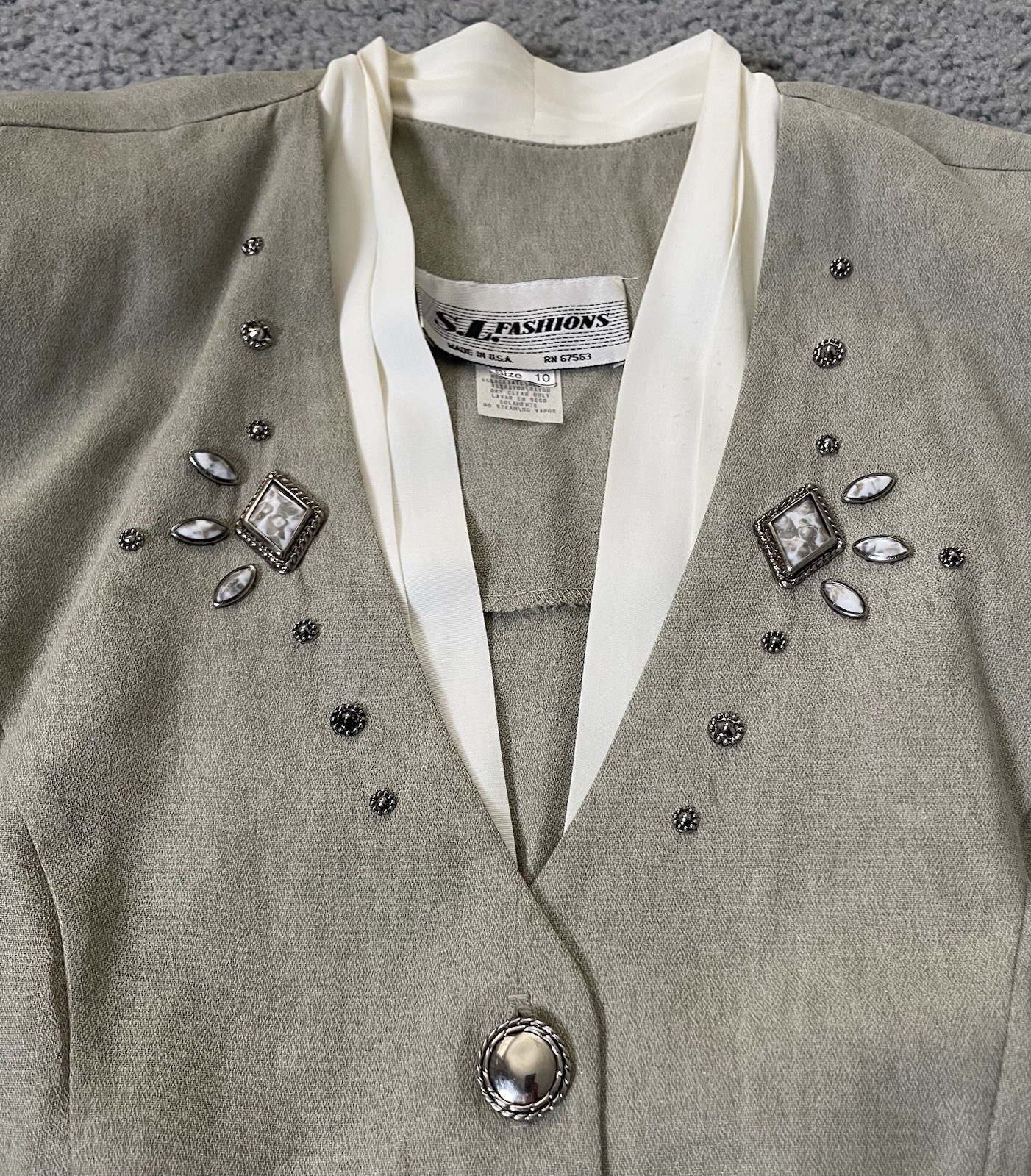 Vtg 70s SL Fashion Peplum Midi Dress 10 Button Up Sage Beads Classic USA Made