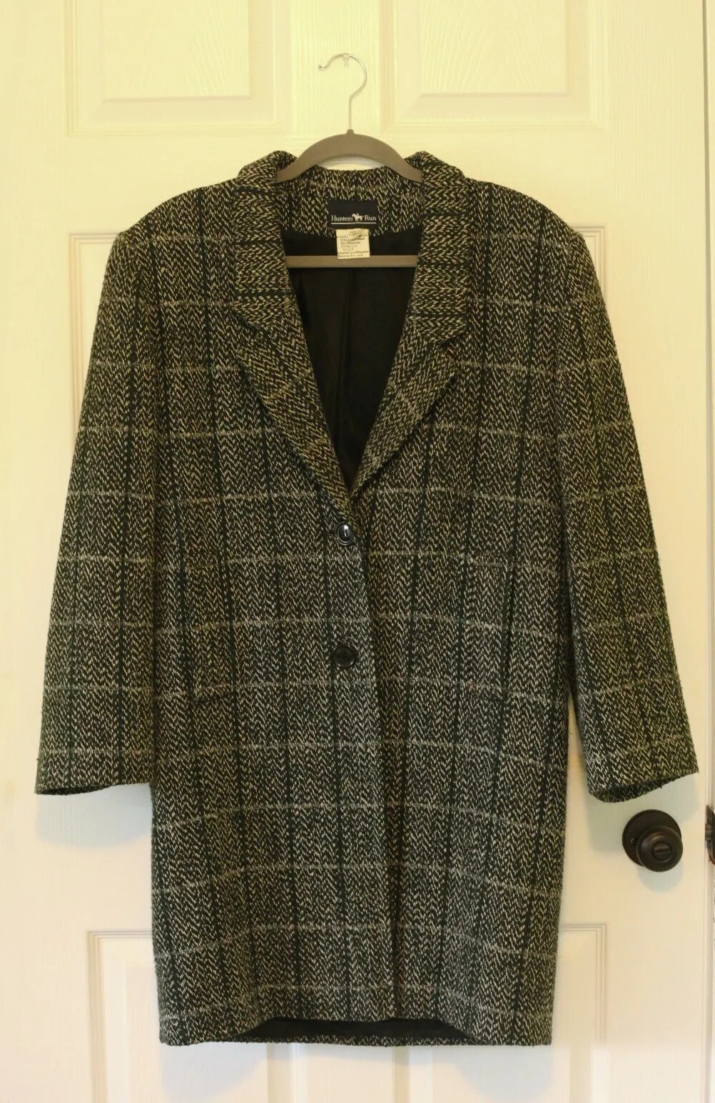 VTG HUNTERS RUN Womens Sz 5/6 Plaid Gray Tweed Coat Jacket Wool Blend Romania