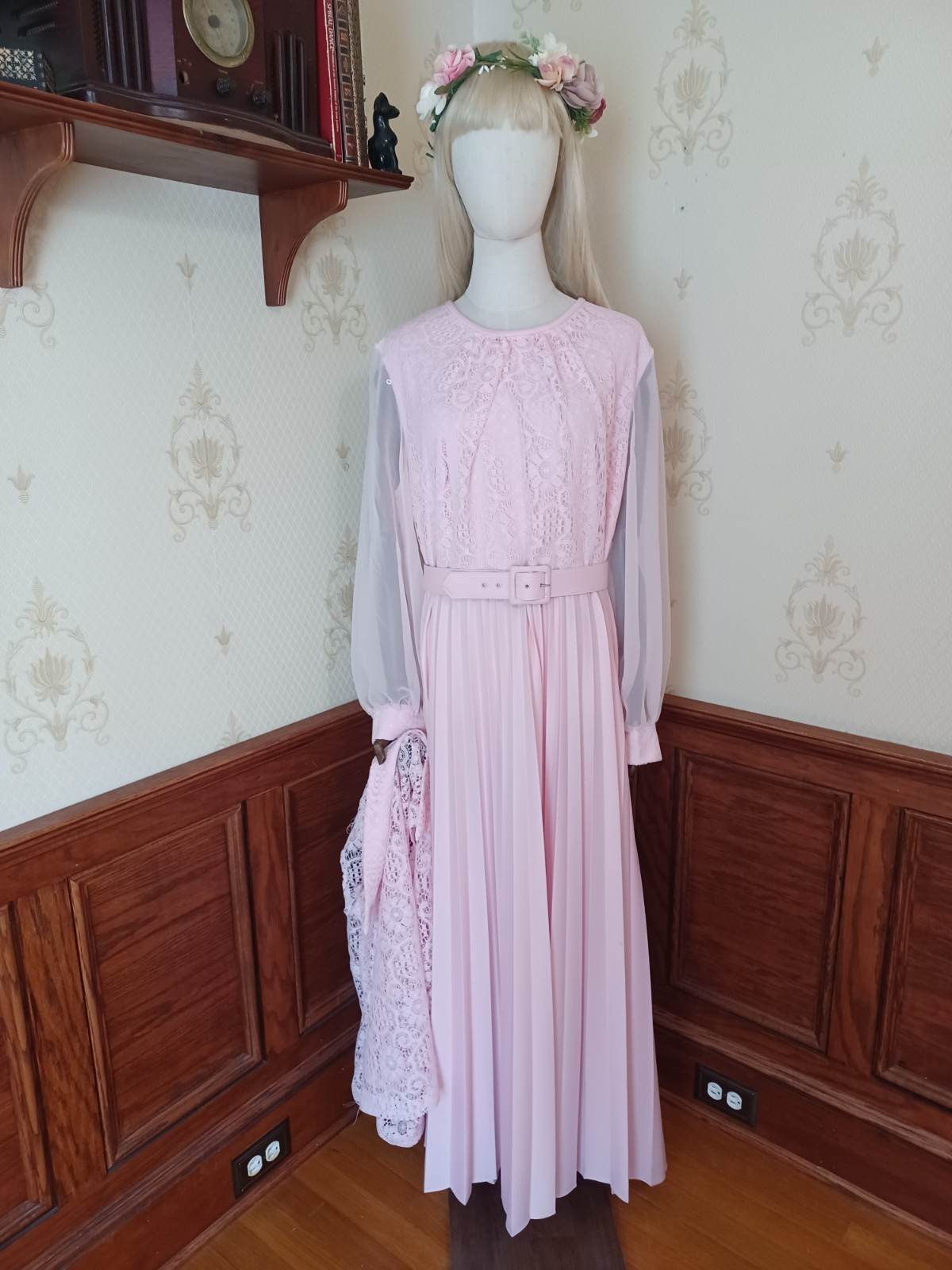 Vintage 1970s 3 Piece Pink Romantic Prairie Accordion Pleat Maxi-Dress, Sz 22.5