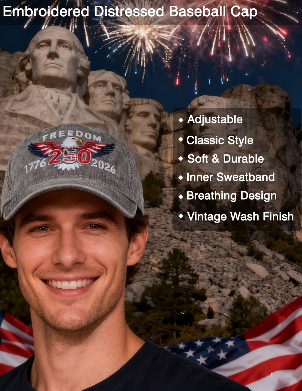 250 Anniversary USA Hat, Embroidered Eagle One Size-250th Anniversary USA Patrio