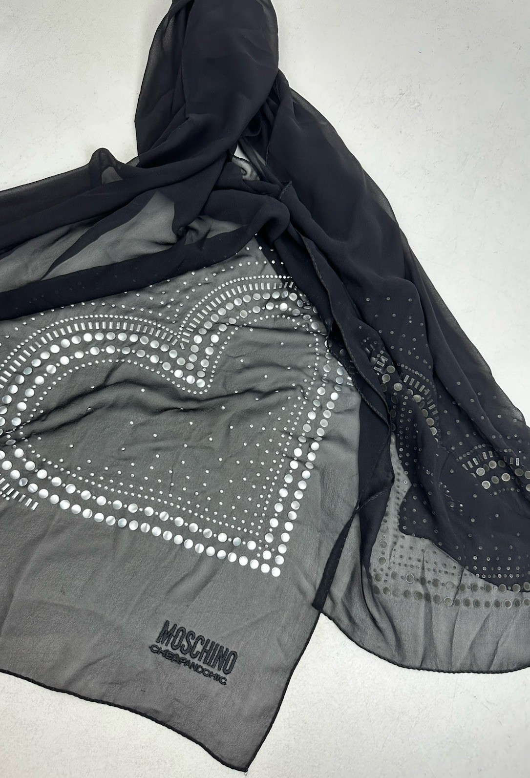 Moschino Cheap & Chic Black Silk Scarf With Studded Hearts