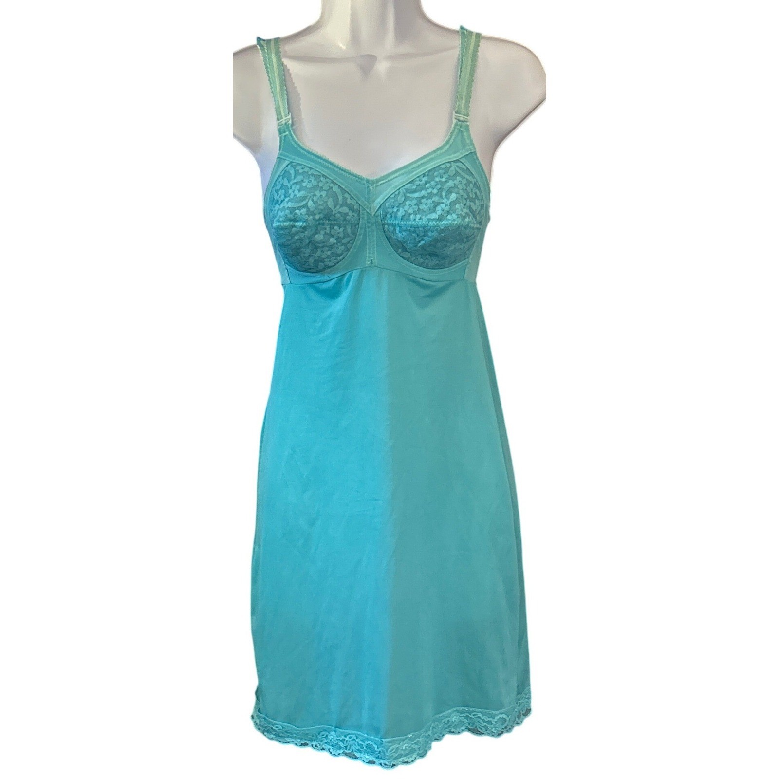60s Carol Brent Lace Bra Full Slip Turquoise Blue Retro Pinup Coquette 32C