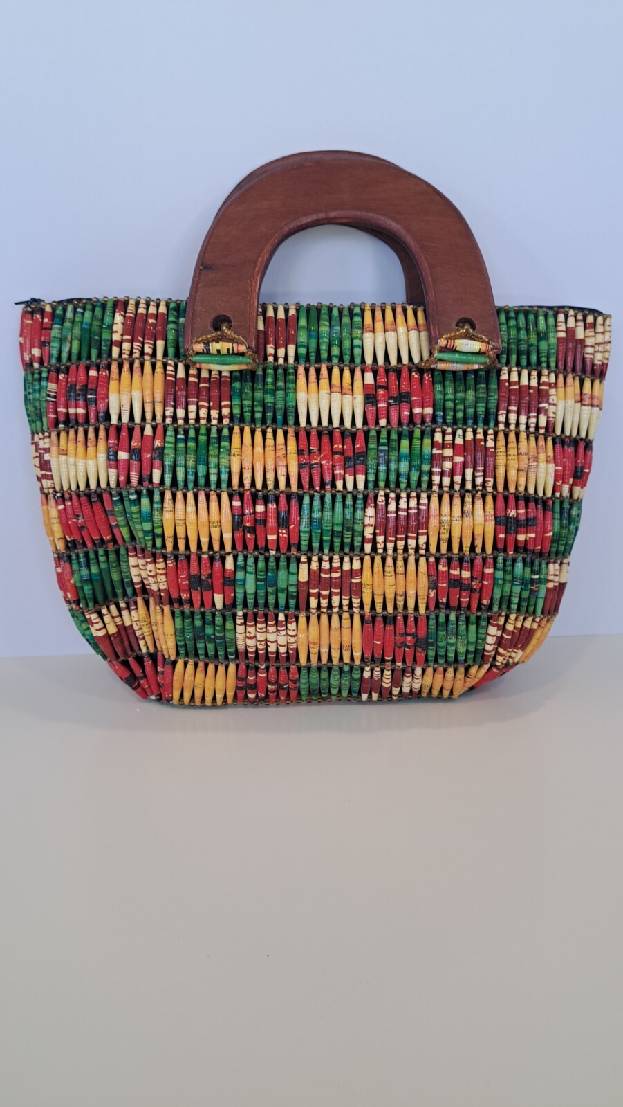 Novelty 1960’s , Recycled Statement Beaded Handbag, Wooden Handles, Zip Closure