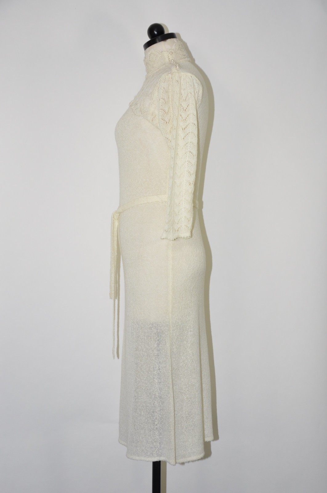 70s Vintage Cream Off White Pointelle Knit High Neck Pearl Sweater Dress Women M