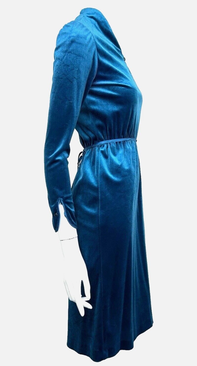 70s Velour Dress Size XS Turquoise Long Sleeve Stretch Belt Satin Trim USA EUC