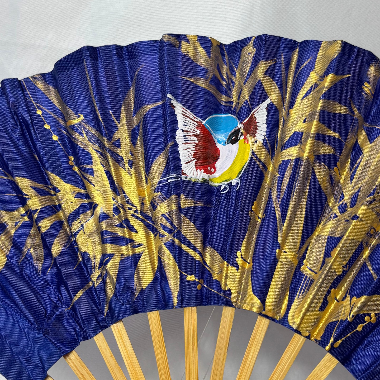 Blue Synthetic Folding Fan Hand Painted Gold Leaves & Bird Bamboo Thailand