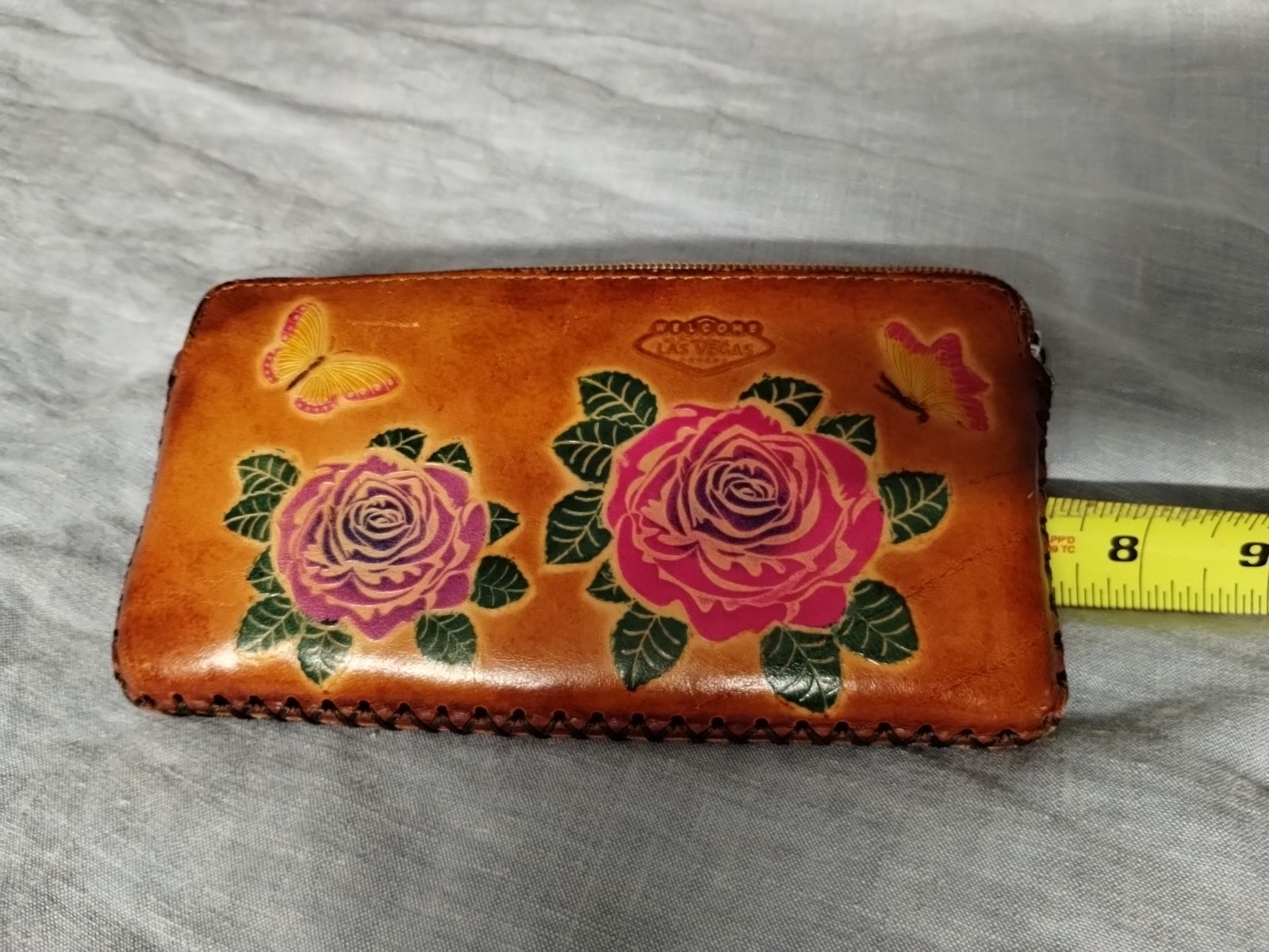 Vintage Las Vegas Hand Tooled Leather Pouch Roses & Butterflies Zip Wallet