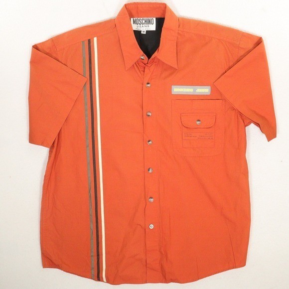 VTG Moschino Jeans Button Up Adventure Wear Racing Stripe Orange Cotton Men M
