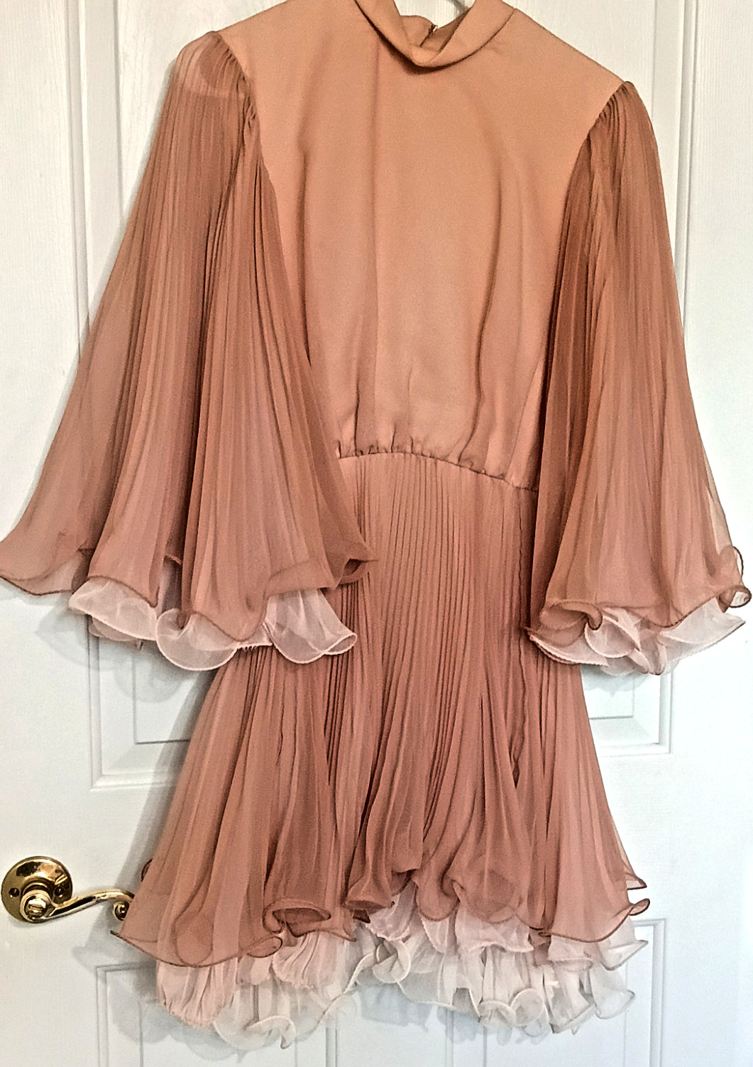Vtg 60s Miss Elliette Coral Cocktail Dress Ruffled Chiffon Bell Sleeves Small