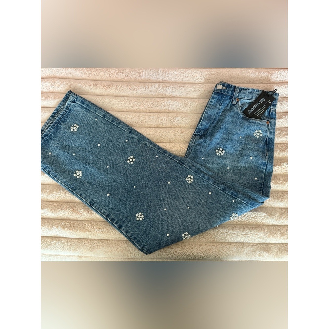 NWT BLANKNYC The Franklin Pearl & Rhinestone Embellished Wide Leg Jeans