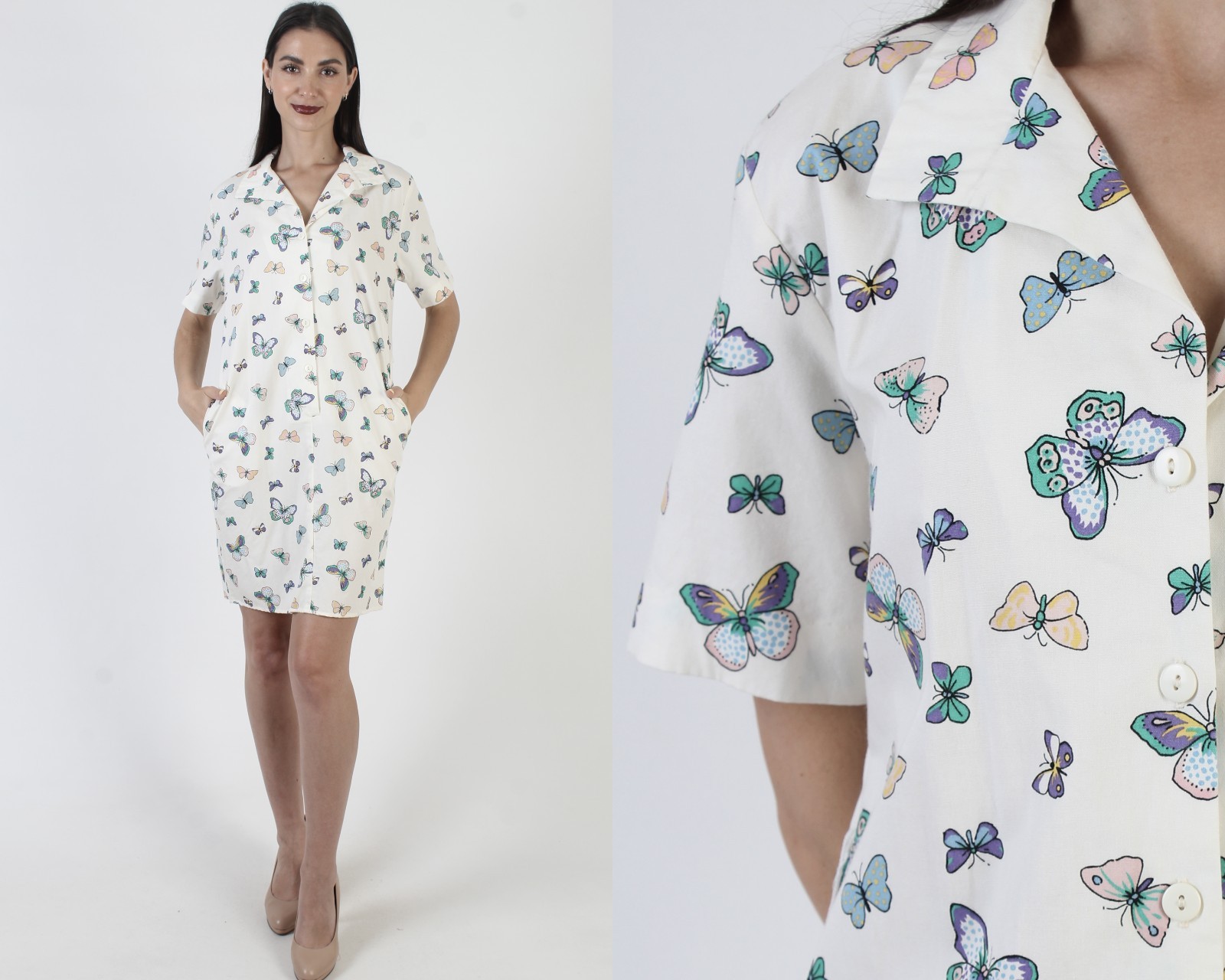 Vtg 70s White Butterfly Print Dress Cotton Shift Dagger Collar Mini House Frock