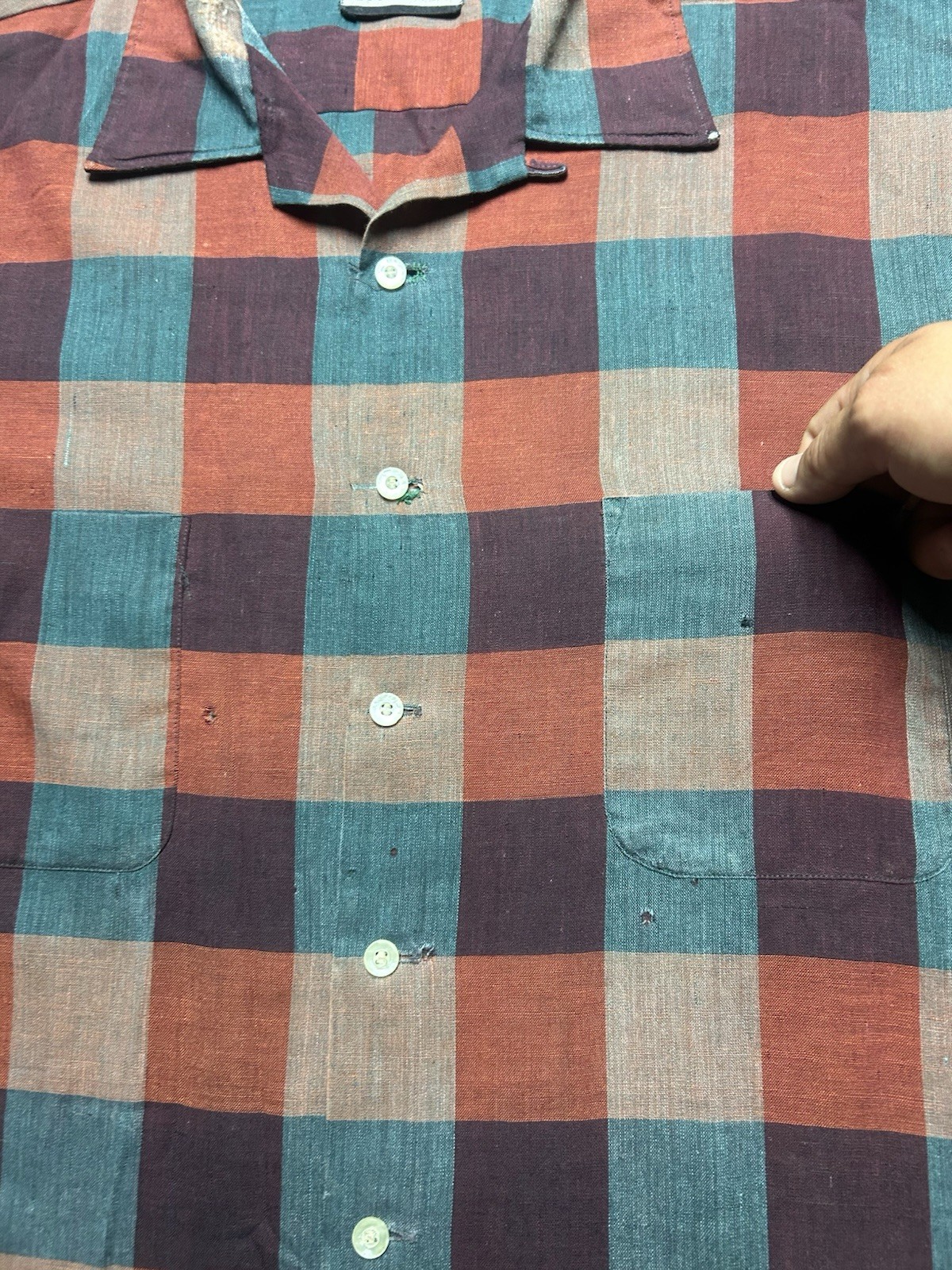 Vintage 60s long sleeve button shirt loop collar plaid poly cotton distressed XL