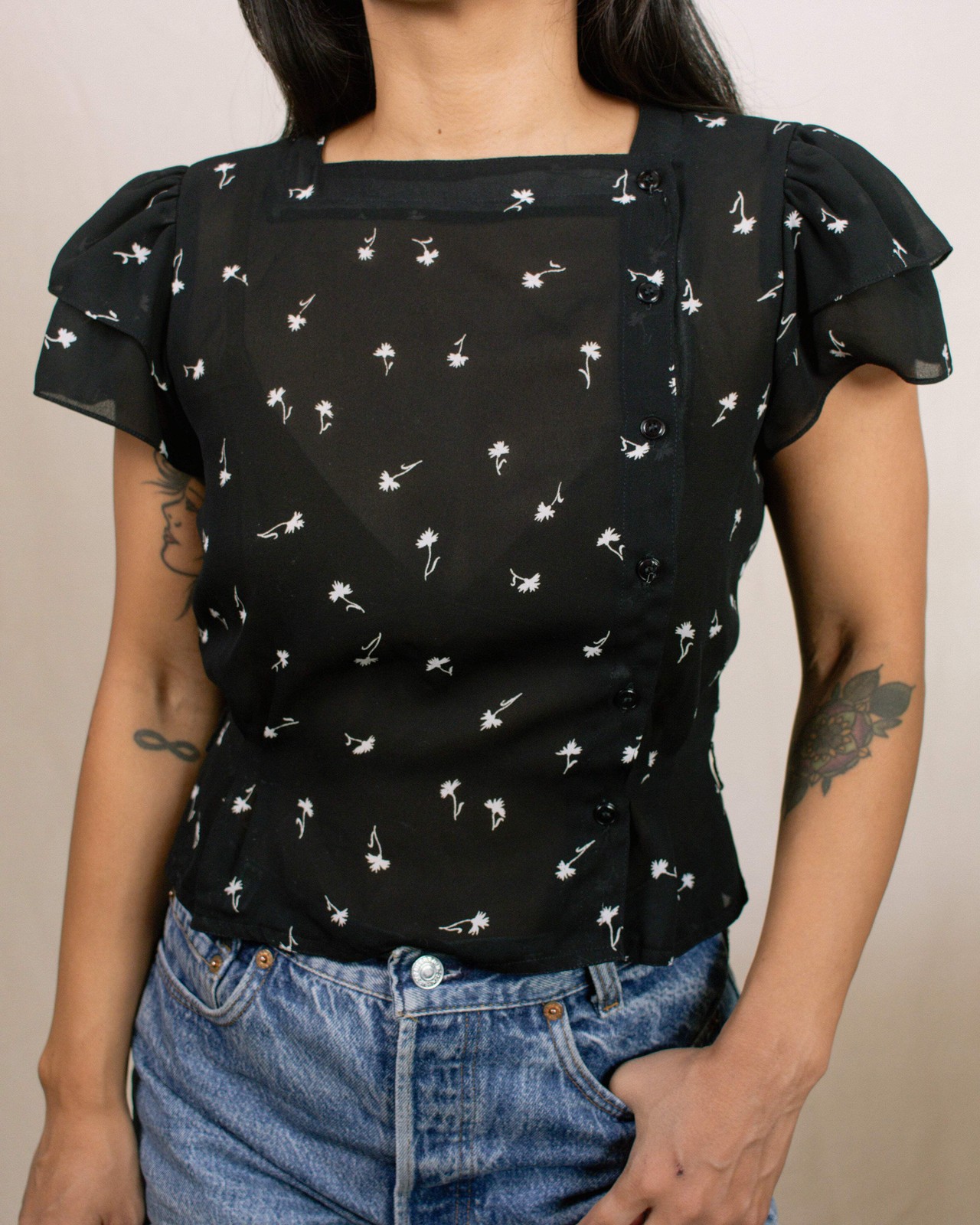 Vintage 70s Black Floral Button Down Blouse | Size XS-S