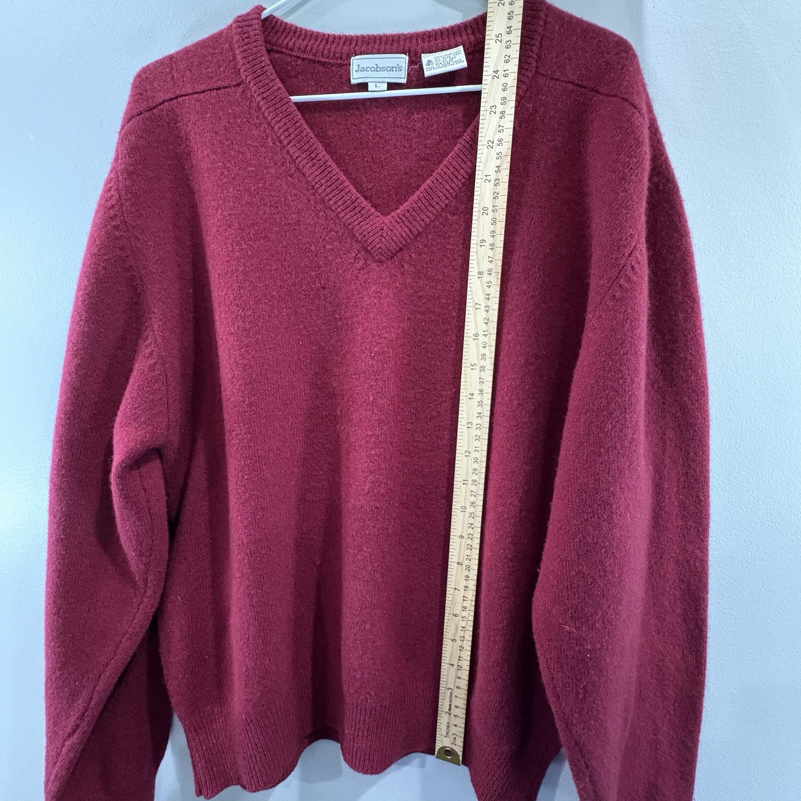 Vintage Jacobson’s 100% Lambswool L Sweater Knit Pullover V-Neck Dark Red Preppy