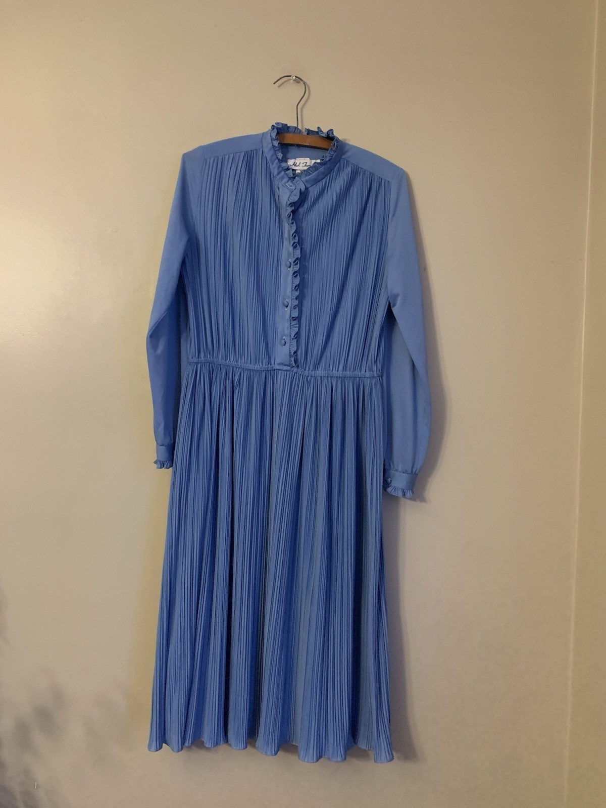 Hal Ferman Vintage Dress Pleated Blue Accordion Flared Skirt Long Sleeve 70’s