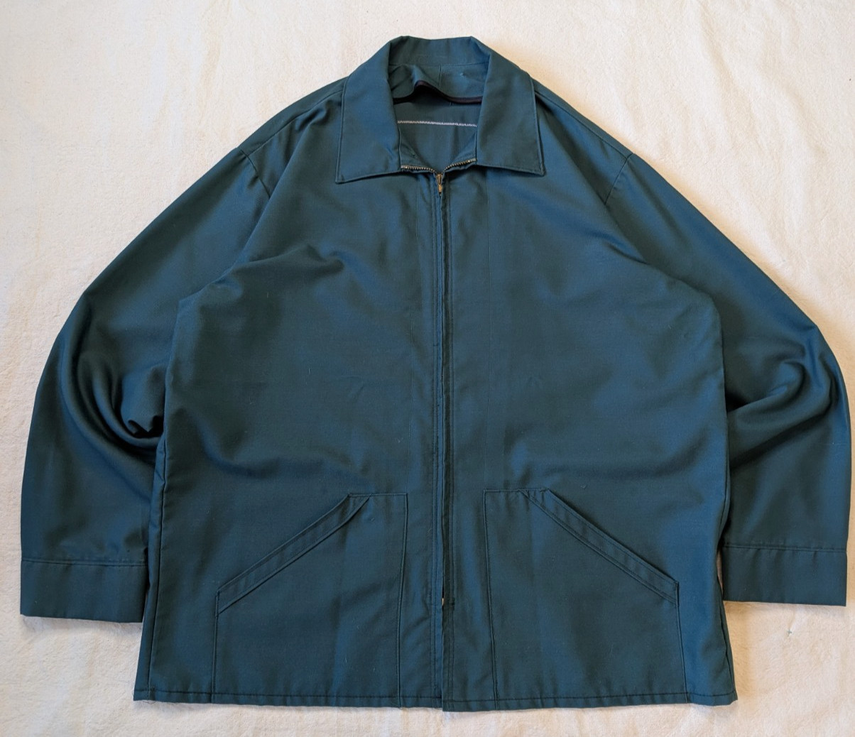 Vintage 70s Green Cotton Blend Twill Work Jacket Rooster Run General Patch XL