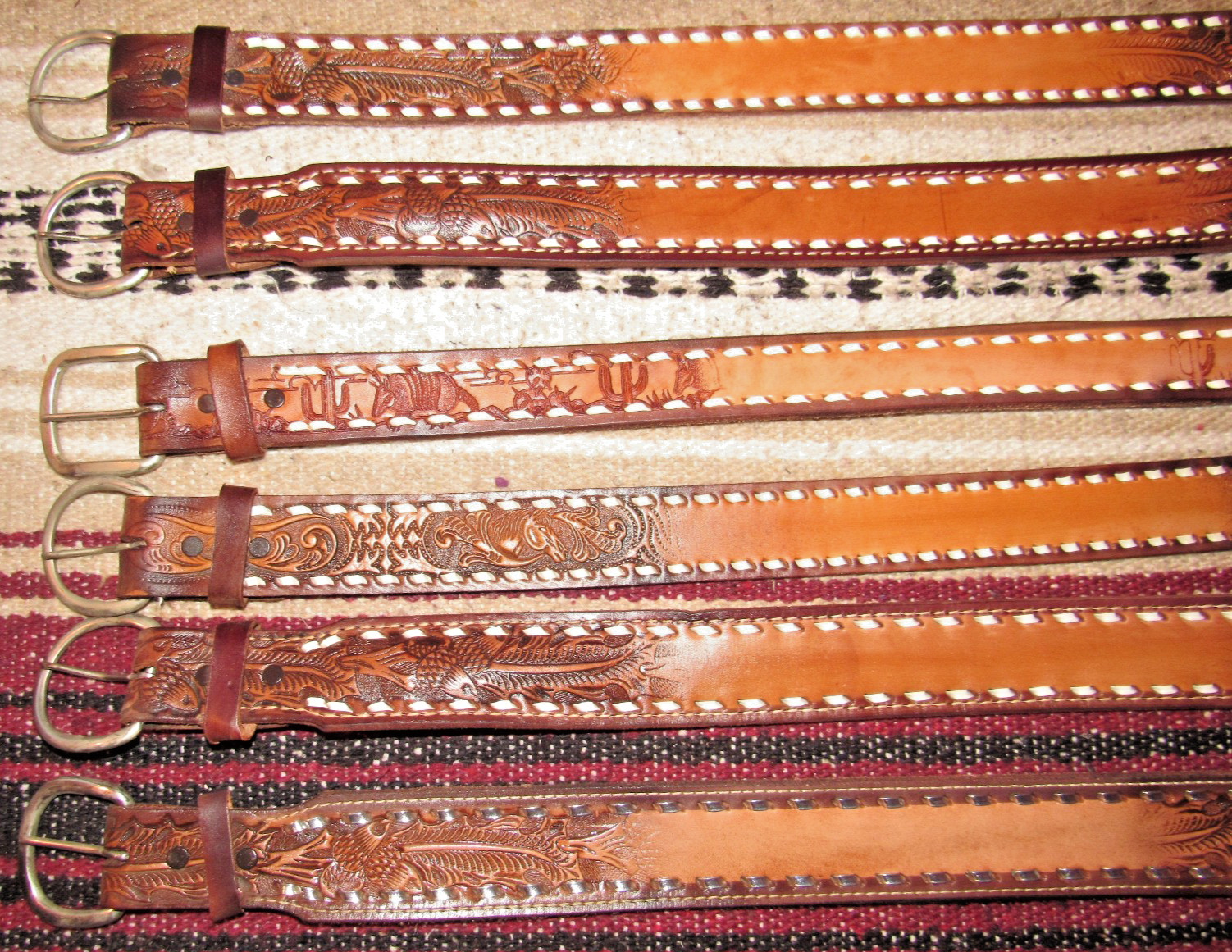 VTG Western C&M Co Buckstitch Tooled (Embossed) Leather Belts 6 pc Size 28 NEW