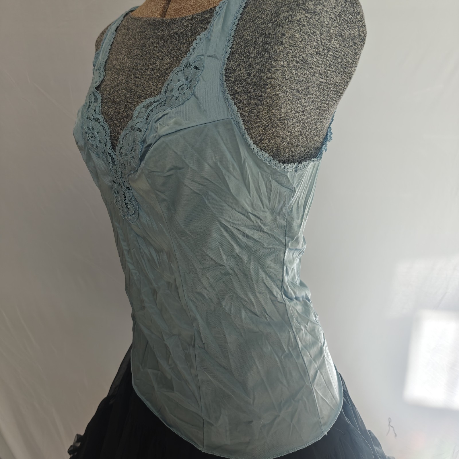 Vintage Vassarette Blue Nylon Camisole 38 Lace Trim Underneath-It-All Made USA