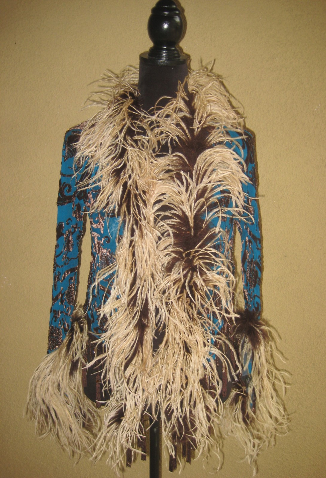Vintage w/tag Mina Collection turquoise burnout kimono feathers sleeves wrap S/M