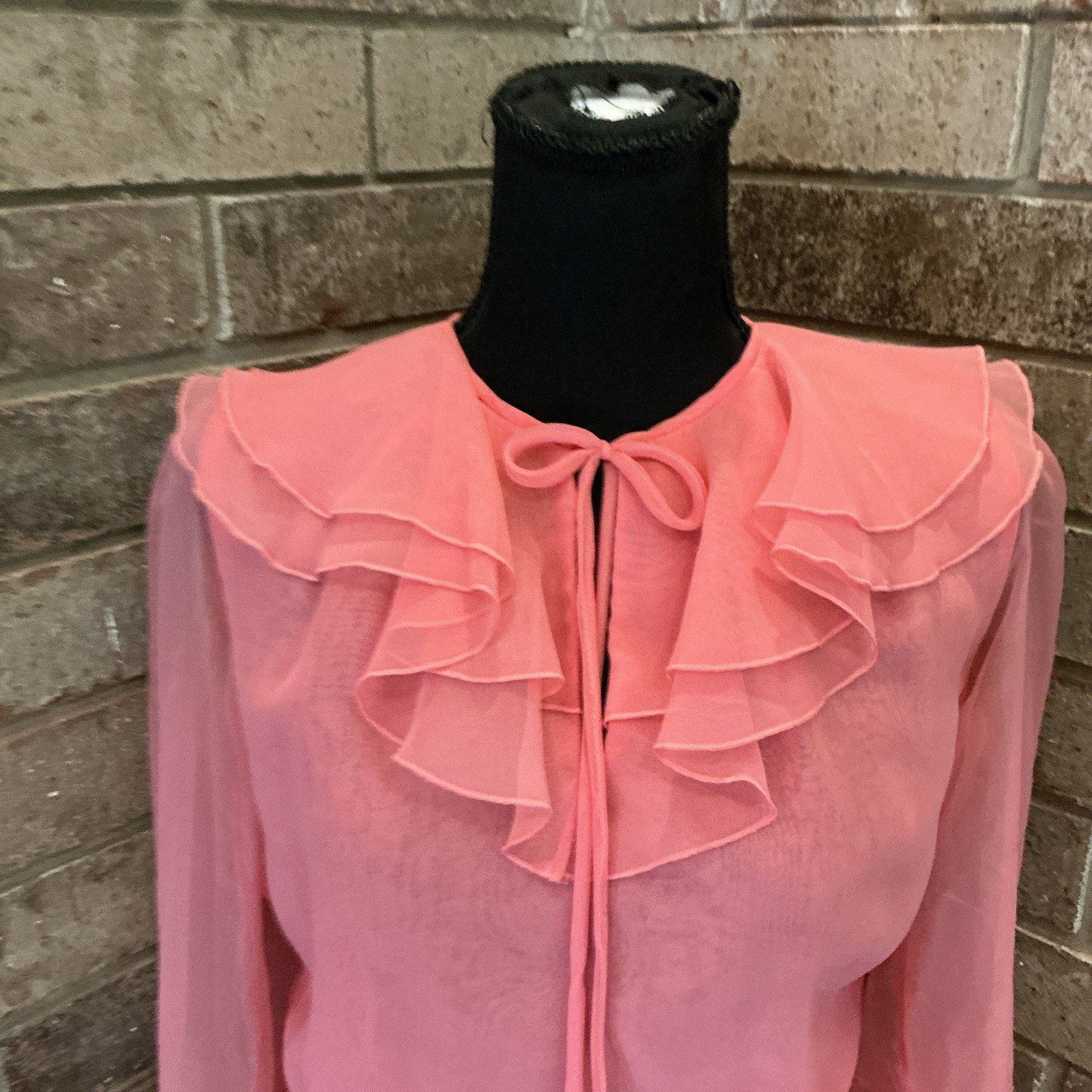 70s VINTAGE Miss Elliette California Coral Chiffon Ruffle Maxi Gown Size 8 #40E3