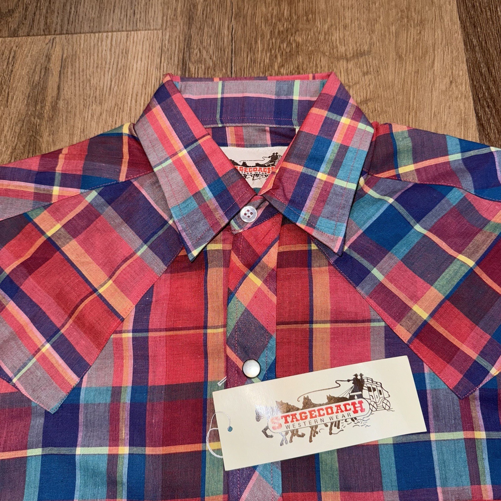 Vtg 70s Stagecoach Shirt Western Plaid Pearl Snap Deadstock NOS New Mens Small