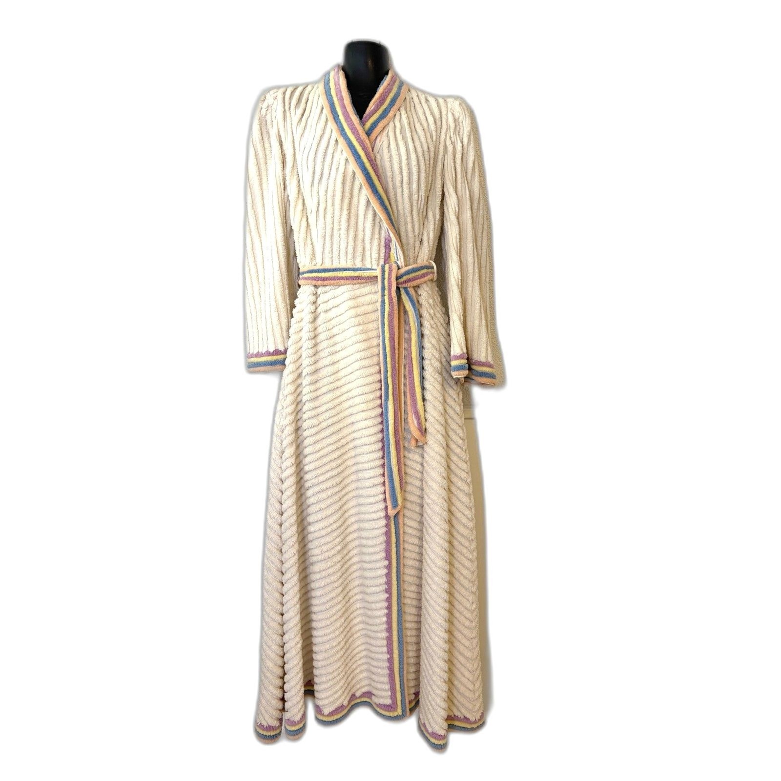 Vintage 40s/50s Cream Chenille Long Robe Pastel Rainbow Trim Bell Sleeve Small