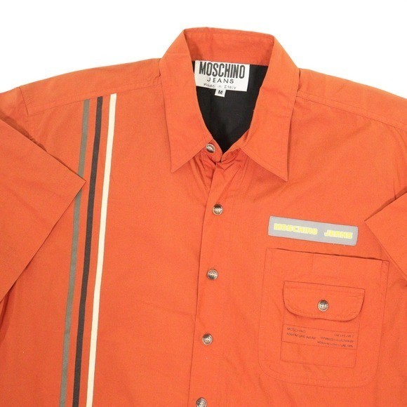 VTG Moschino Jeans Button Up Adventure Wear Racing Stripe Orange Cotton Men M