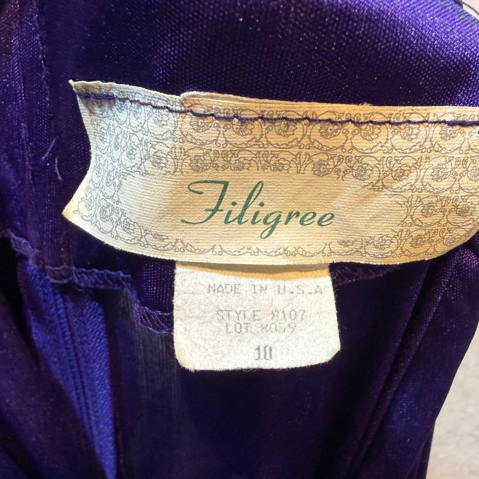 Vintage Filigree Purple Ruched Drop Waist Dress 80s Sequin Applique Size 10 8107
