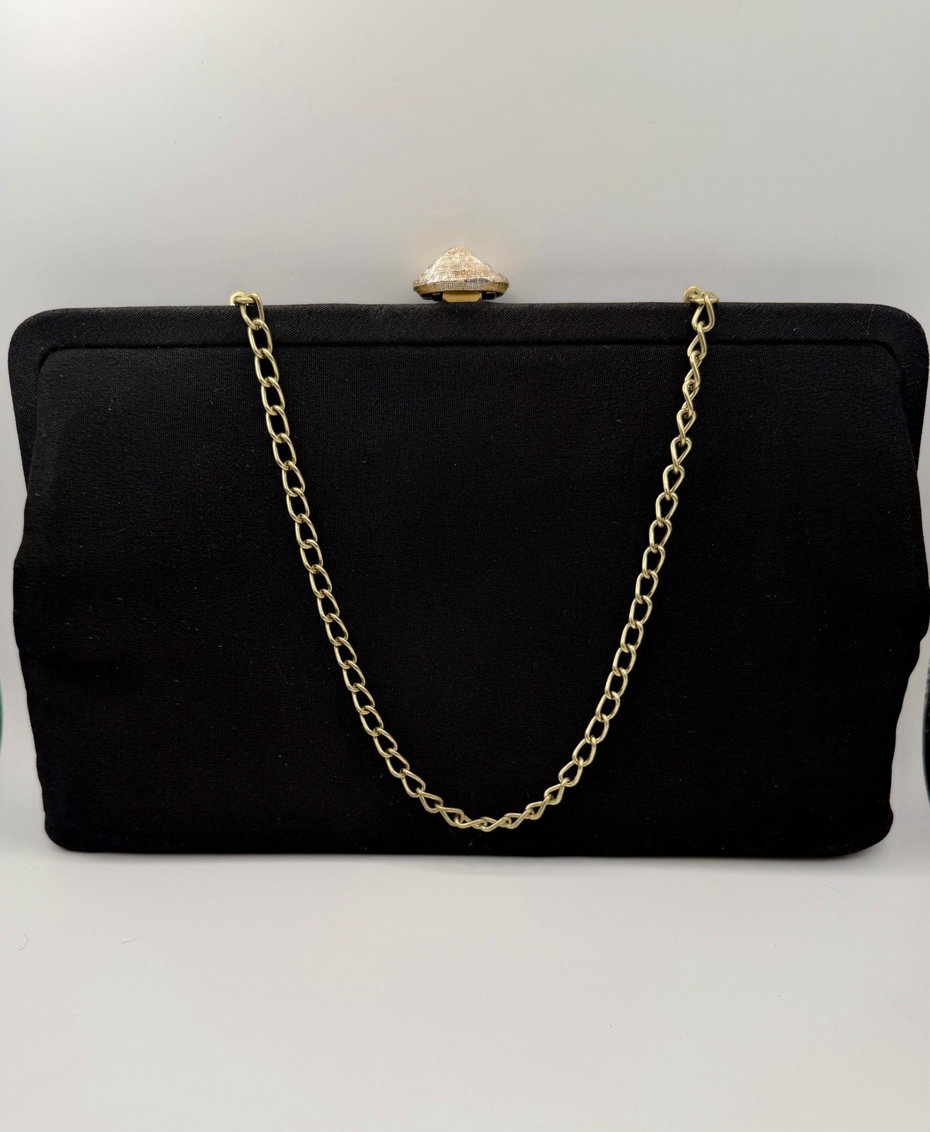 Vintage MCM Black Fabric Clutch Purse Evening Bag Gold Chain Owl Clasp Starburst