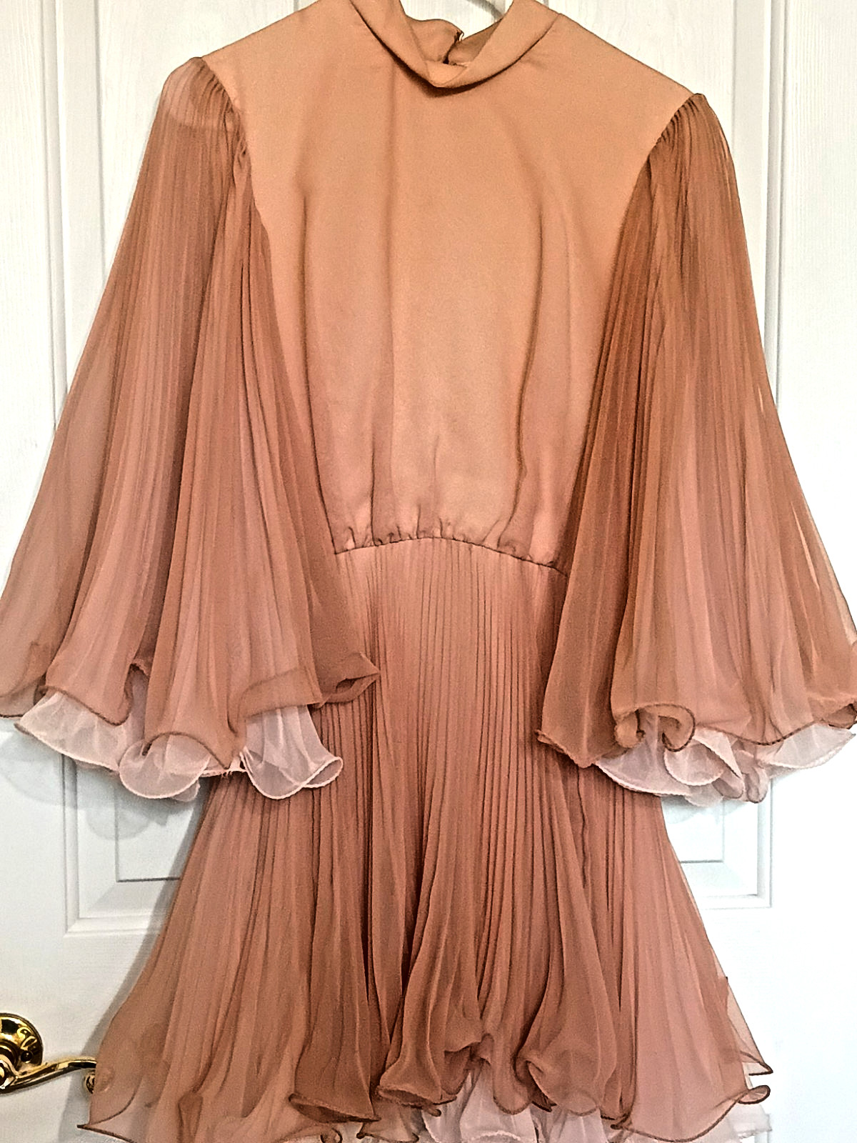 Vtg 60s Miss Elliette Coral Cocktail Dress Ruffled Chiffon Bell Sleeves Small