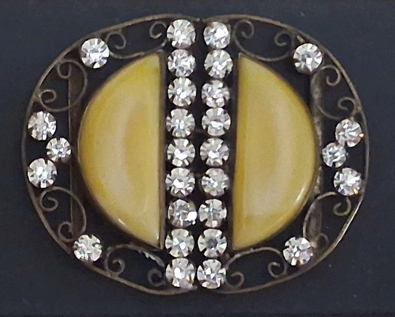 Antique Czechoslovakia belt buckle, yellow bohemian glass & crystals, filigree