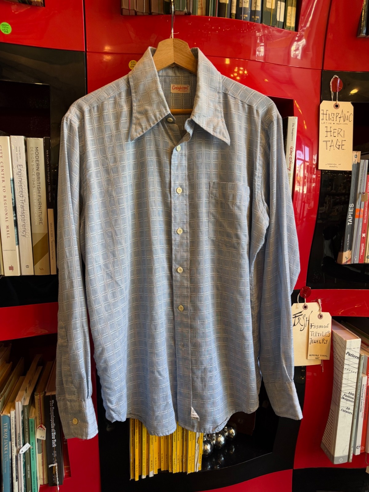 Vintage 1950s Shirt Creighton Blue White Grid Woven Button Up Rockabilly M