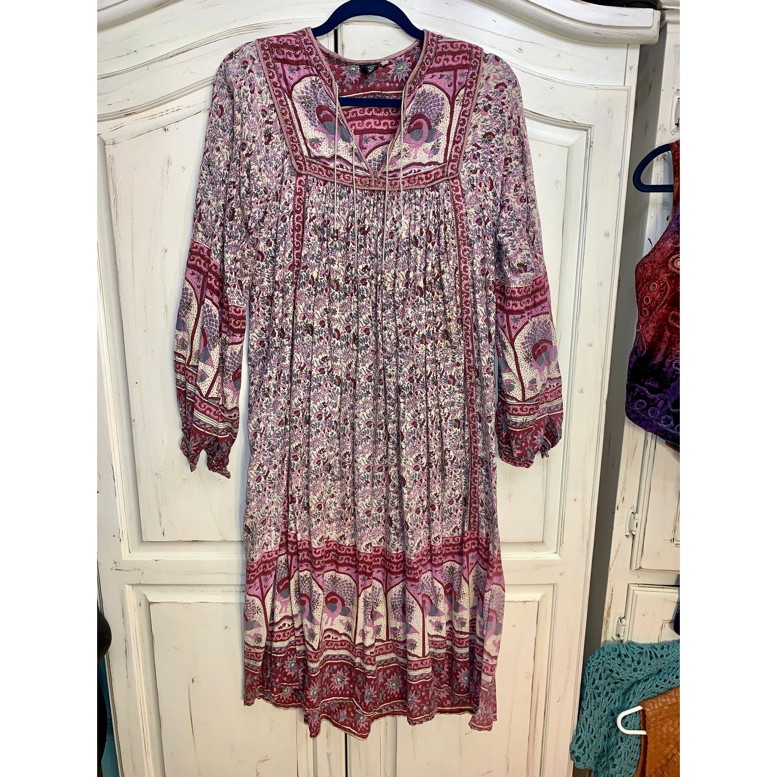 VINTAGE 70’s HIPPIE PEACOCKS BLOCK PRINT INDIA GYPSY DRESS
