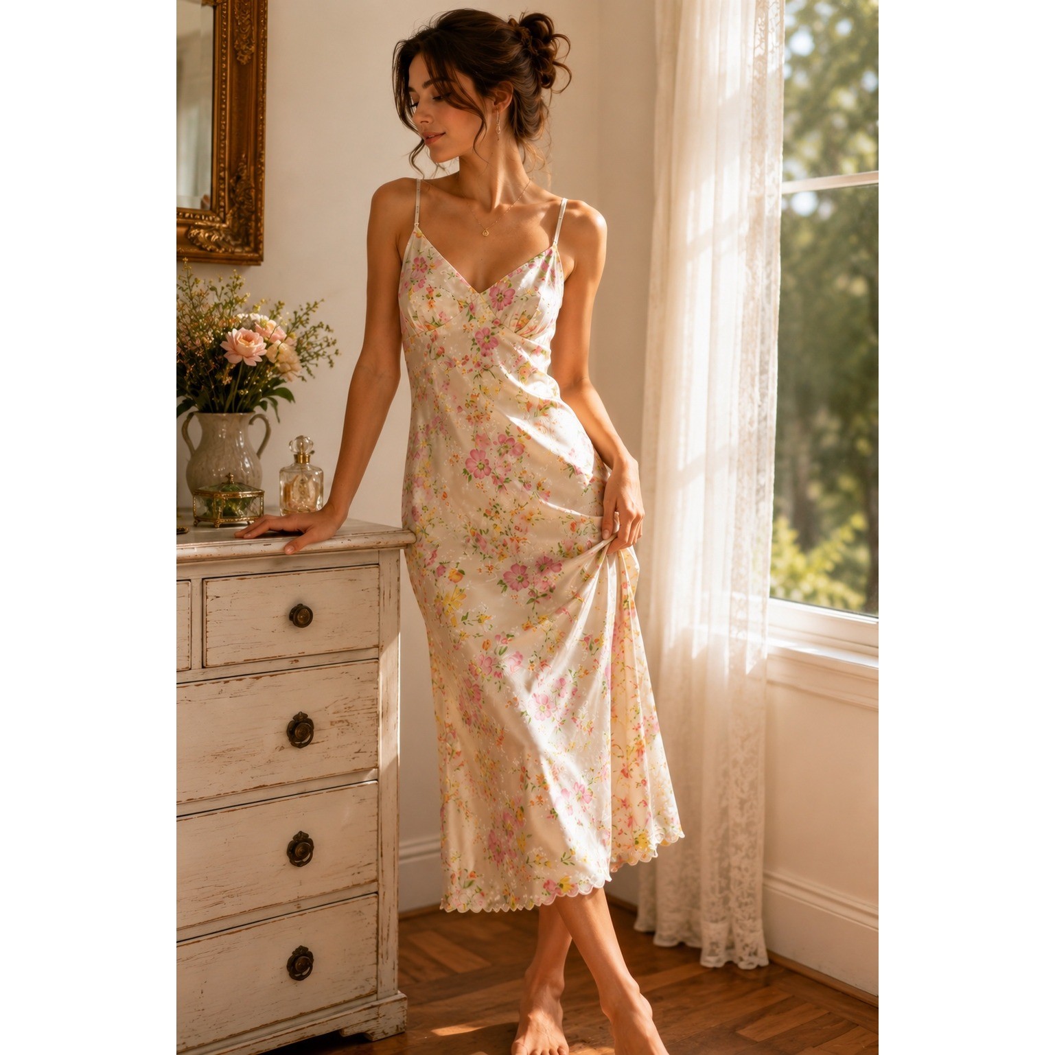 NWT Vintage 1960s Satin de Lys Silk Blend Floral Slip Dress M Cottage Made USA