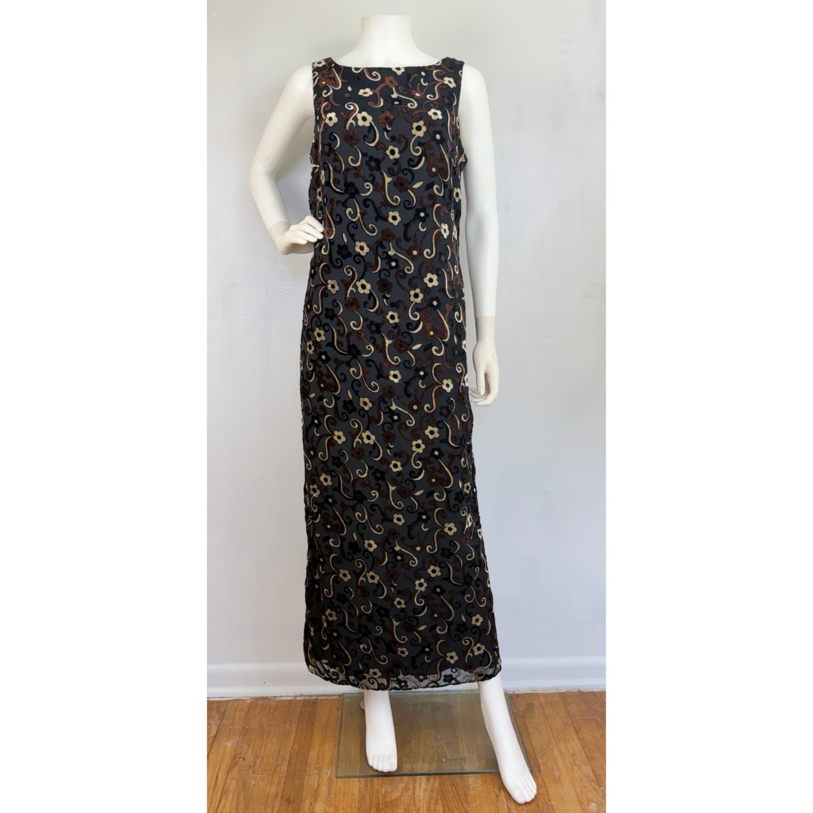 Vintage Dress Patra Special Occasion Floral Flocked Velour Maxi Size Small 1980s
